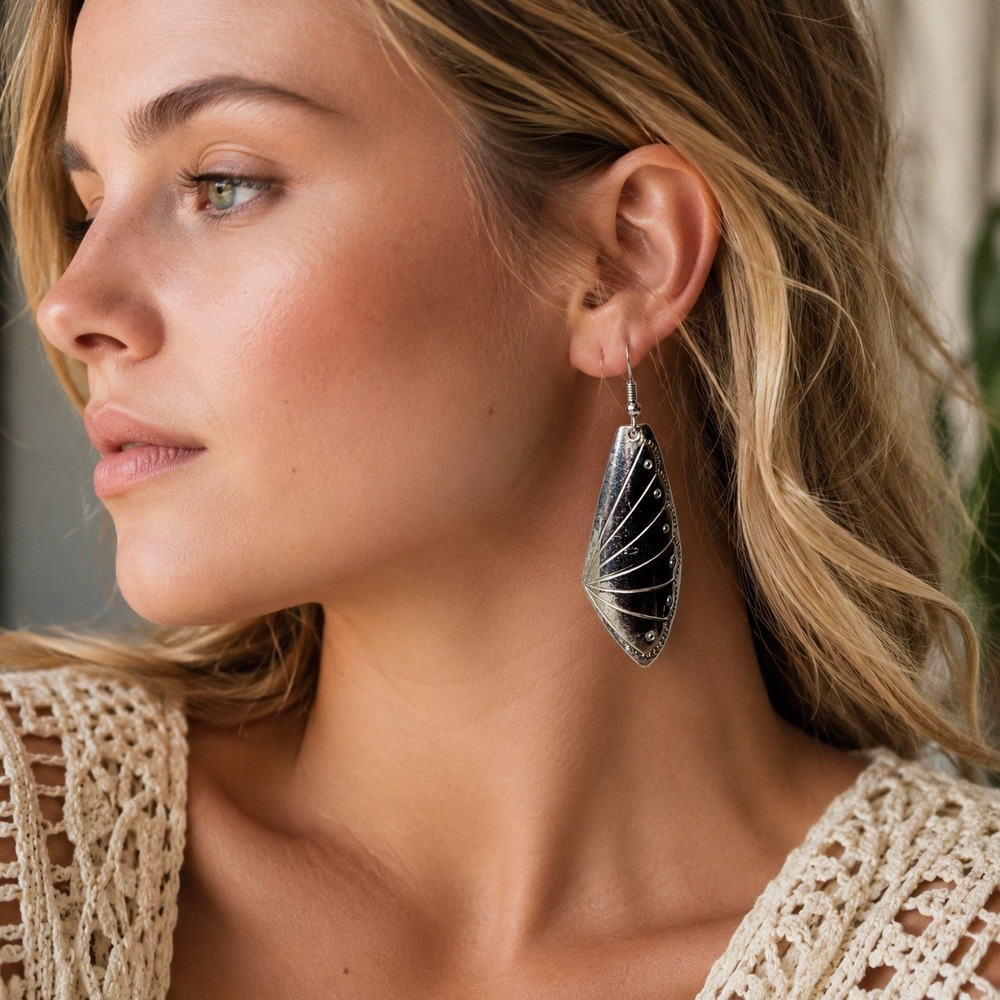 Silver Tone Butterfly Wing Dangle Earrings Embossed Metal Boho Statement 3"